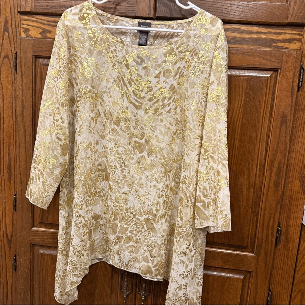 Travelers By Chicos Blouse Top 3 XL Sheer Metallic Gold 3/4 Sleeve Women’s
